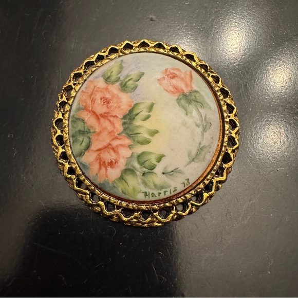 Vintage Jewelry - Vintage Hand Painted, Signed & Dated, Floral Brooch